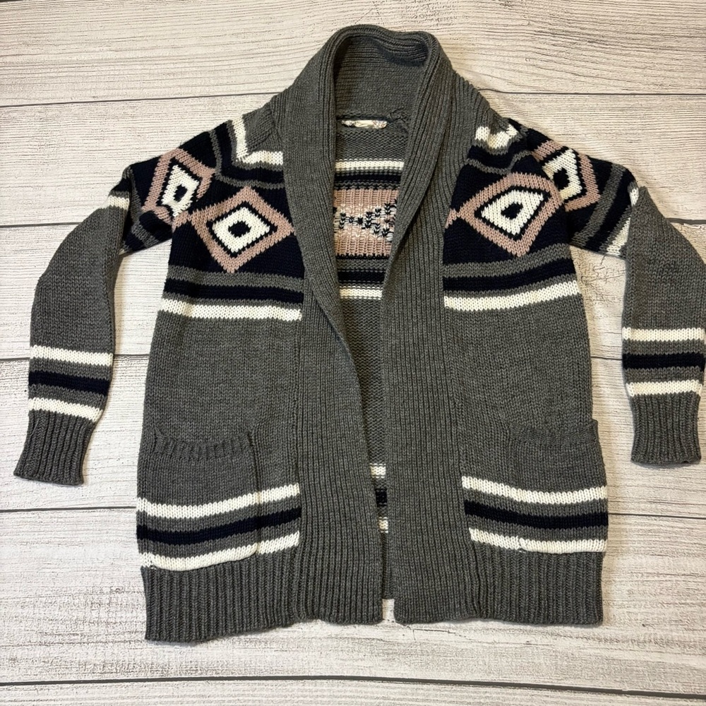 Pink Republic Gray Geometric Open Front Cardigan‎ Shawl Collar Sweater Size S